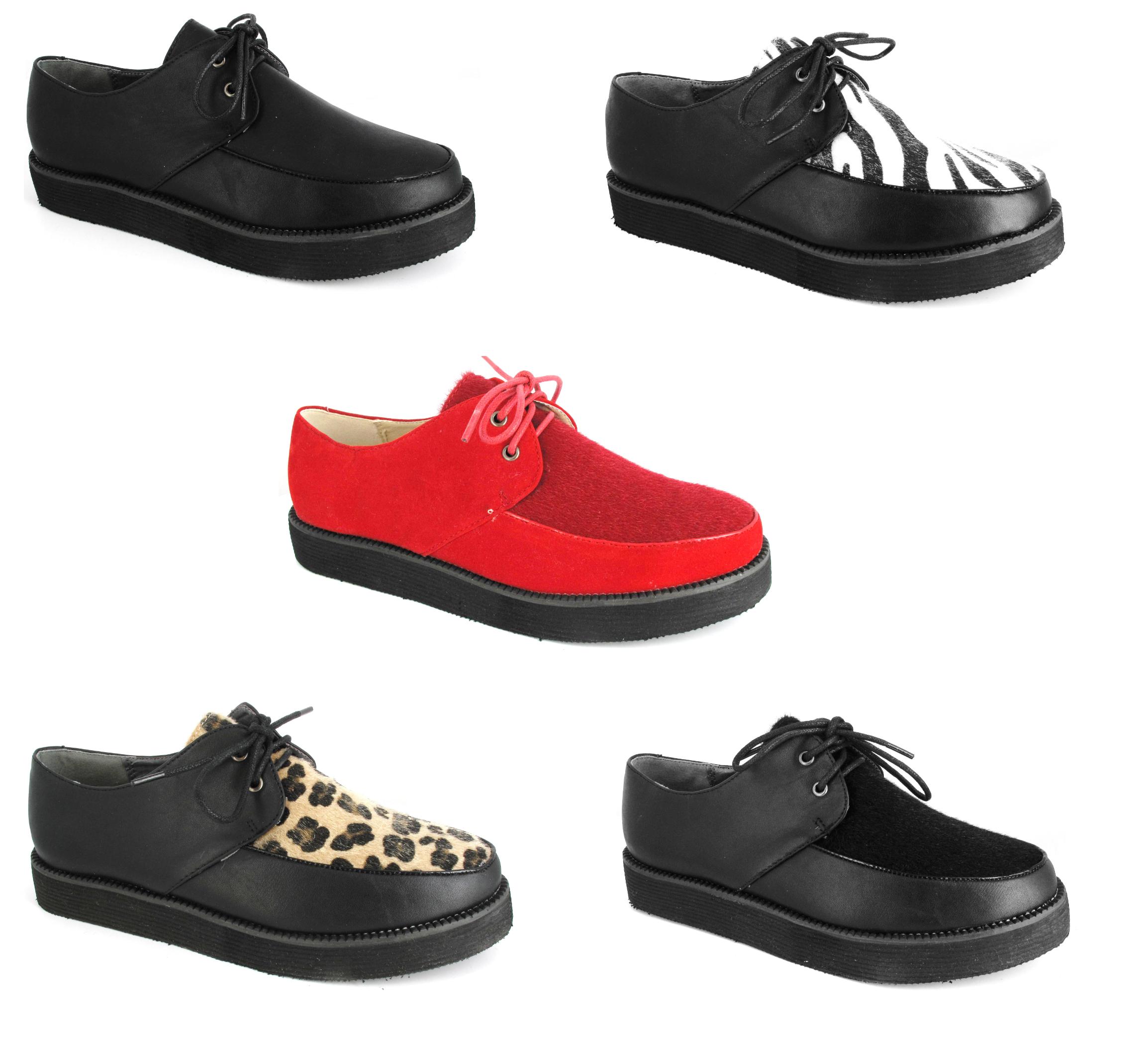 LADIES RED BLACK LEOPARD ZEBRA LACE UP BOAT PLATFORM FLAT CREEPERS SHOE